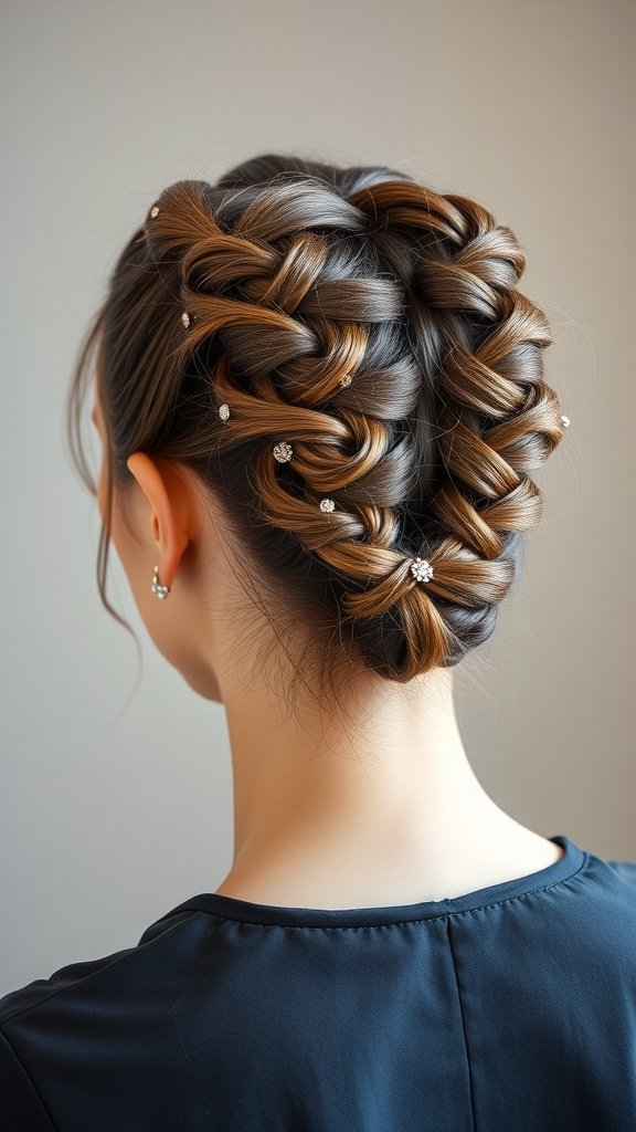 A woman with an elegant updo featuring small knotless braids, adorned with hairpins.