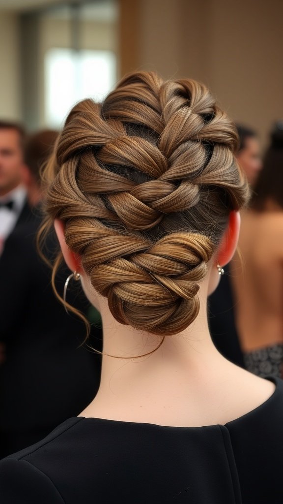 A woman with an elegant updo featuring intricate knotless braids, showcasing a sophisticated hairstyle.