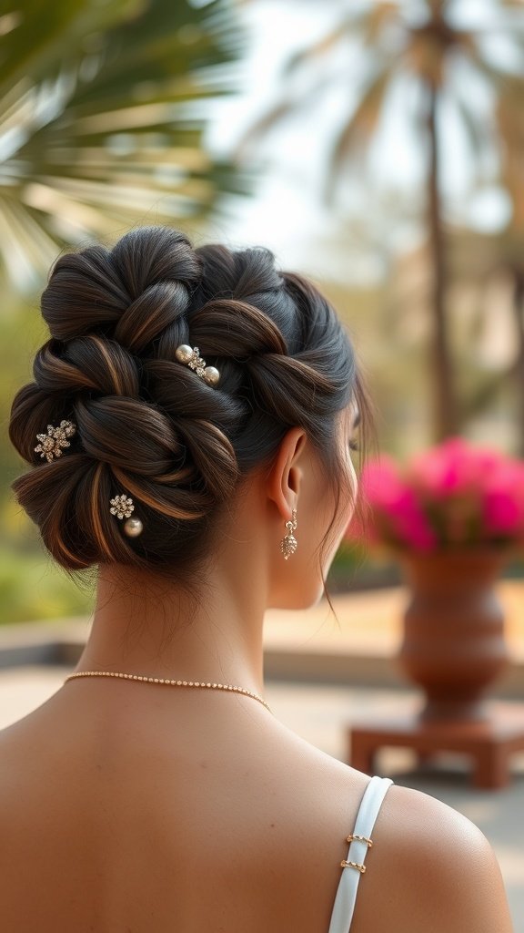 Elegant updo hairstyle featuring short knotless braids adorned with pearls and floral clips.