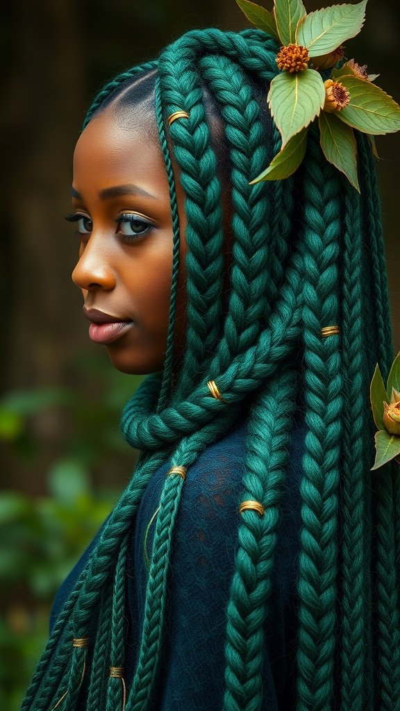 A woman with emerald green knotless braids styled elegantly with gold accents and leaves.