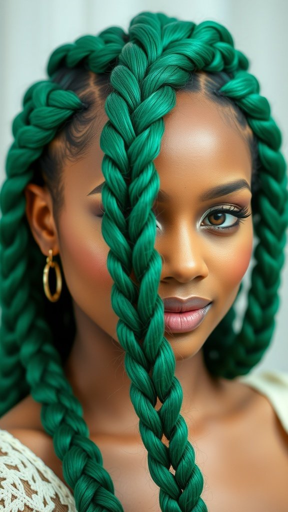 A close-up of a person with emerald green knotless braids, showcasing the vibrant color and intricate styling.