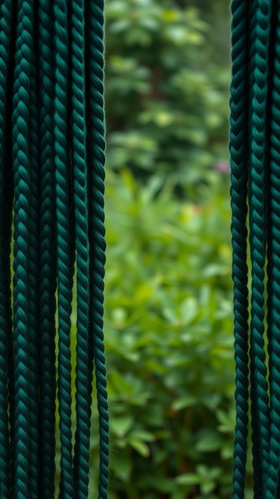 Emerald green knotless braids hanging against a blurred green background