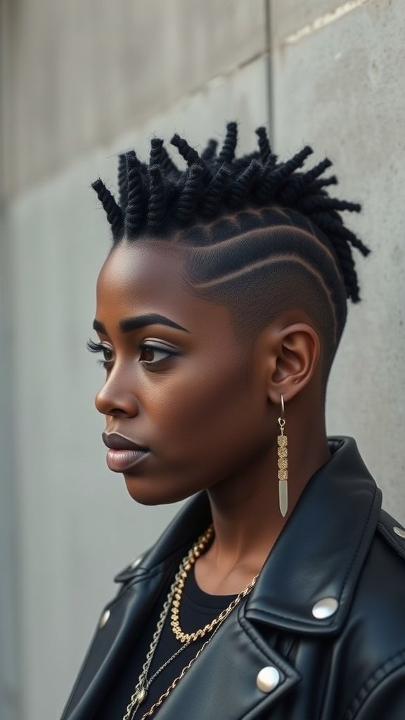 A woman with faux hawk medium knotless box braids, showcasing a stylish and edgy hairstyle.