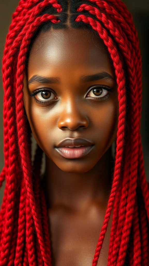 A close-up of a person with fiery red knotless braids, showcasing the vibrant color and intricate styling.