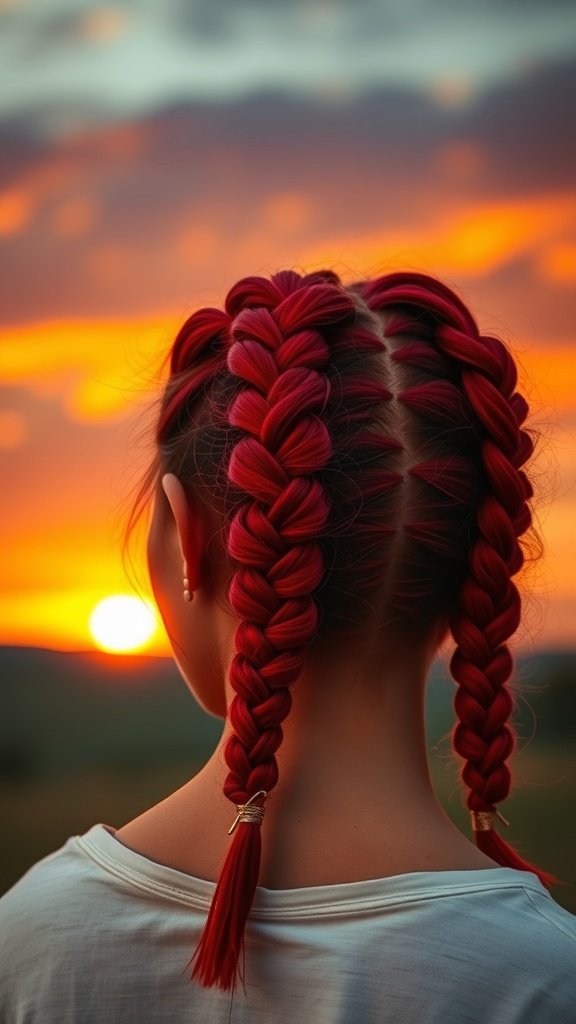 A person with fiery red knotless braids against a sunset backdrop