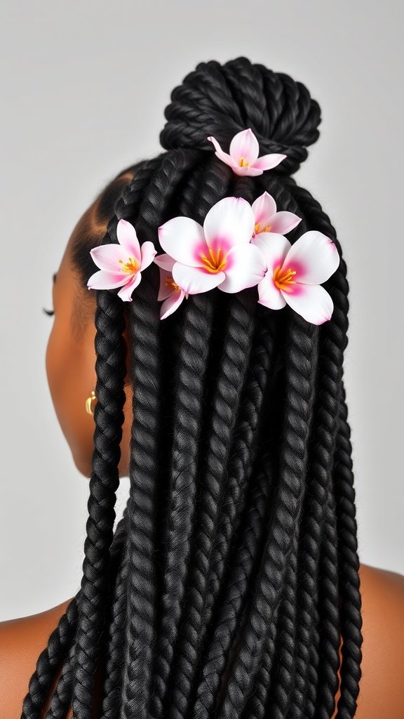 A woman with jumbo knotless box braids styled in a bun, adorned with pink flowers.