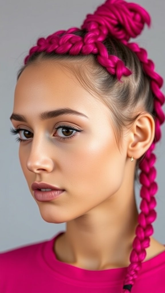 A close-up of a person with fuchsia knotless braids styled in a bun and a side braid.