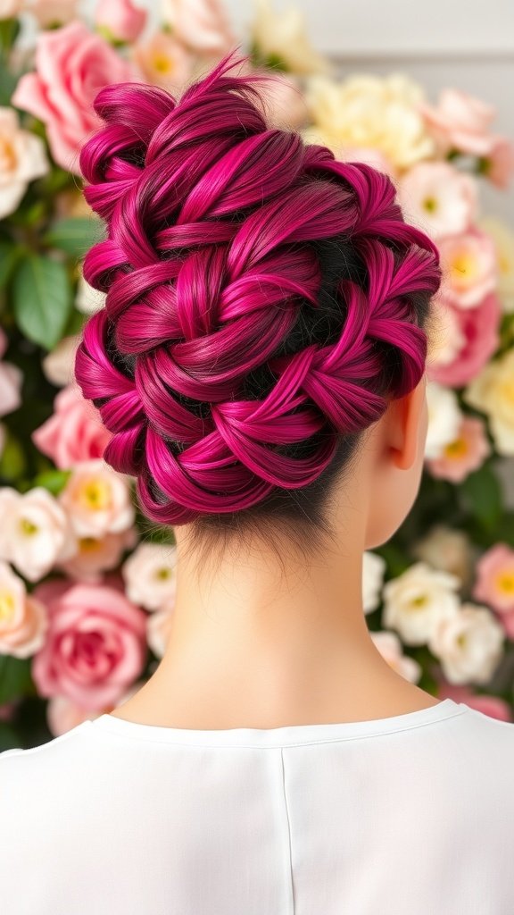 A woman with fuchsia knotless braids styled in an updo, surrounded by pink and cream roses.
