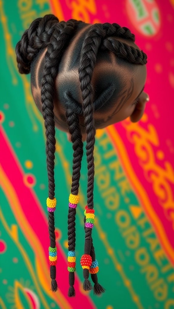 Ginger box braids with colorful beads on a vibrant background