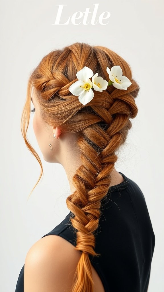 A woman with ginger half-up braids adorned with white flowers.