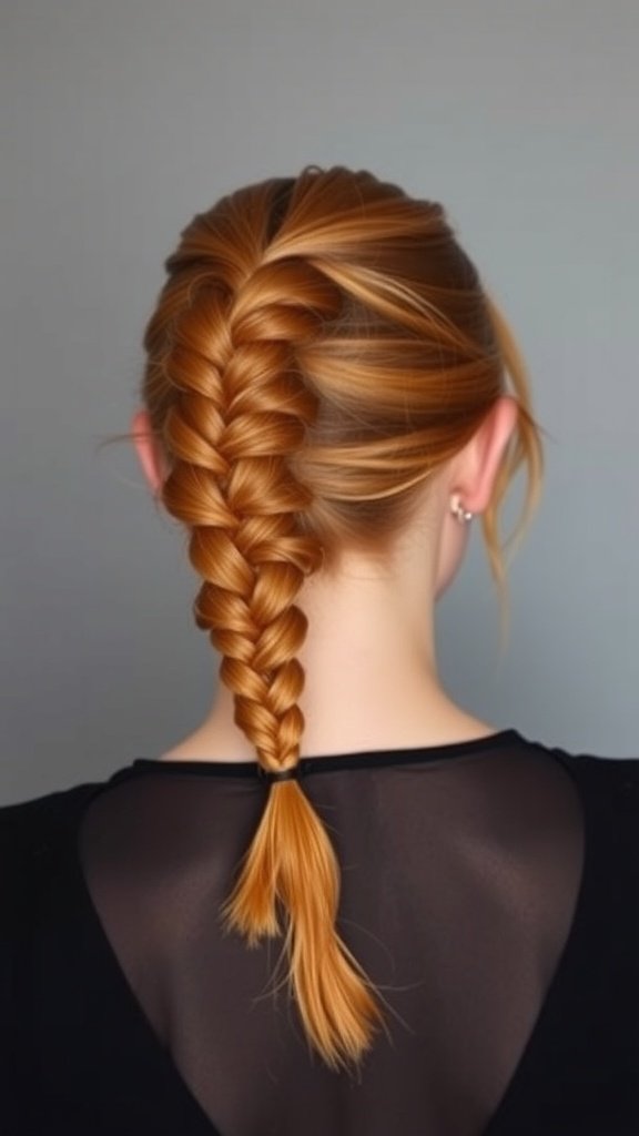 A back view of a person with ginger hair styled in a neat braid, showcasing a pulled-back look.