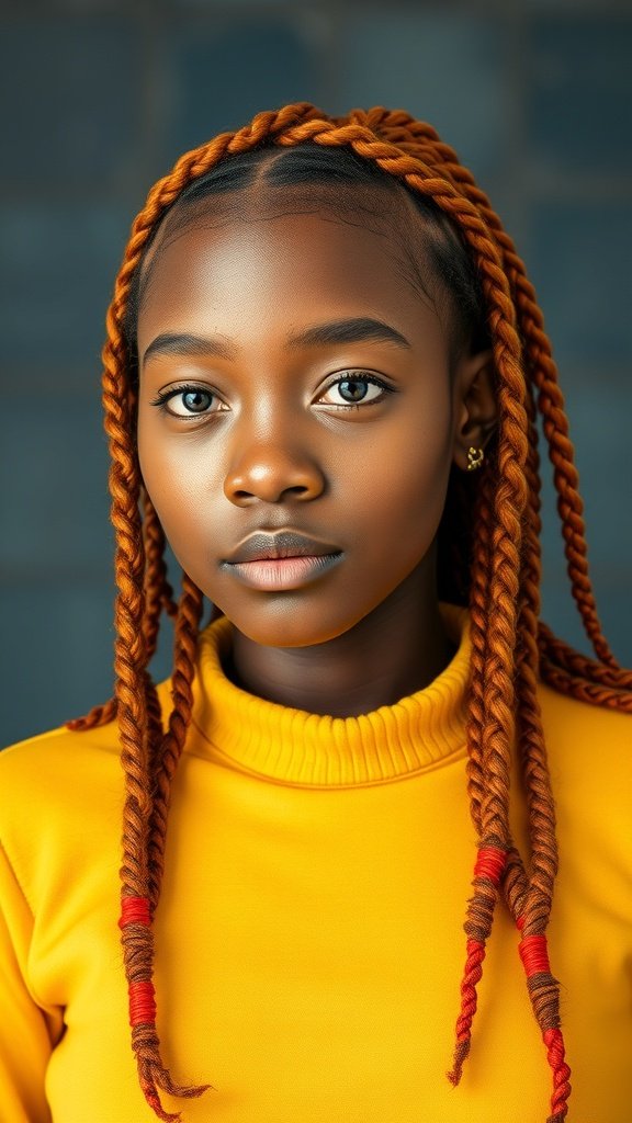 A young person with ginger knotless braids featuring red highlights, wearing a yellow turtleneck.