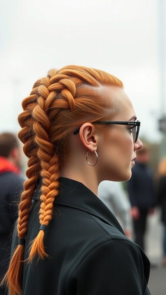 A woman with ginger knotless braids styled in a bold side part, wearing sunglasses and hoop earrings.