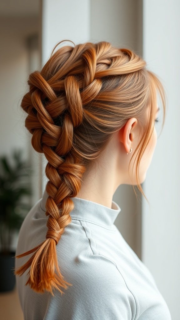 A woman with ginger knotless braids styled in a center part, showcasing a beautiful braided hairstyle.