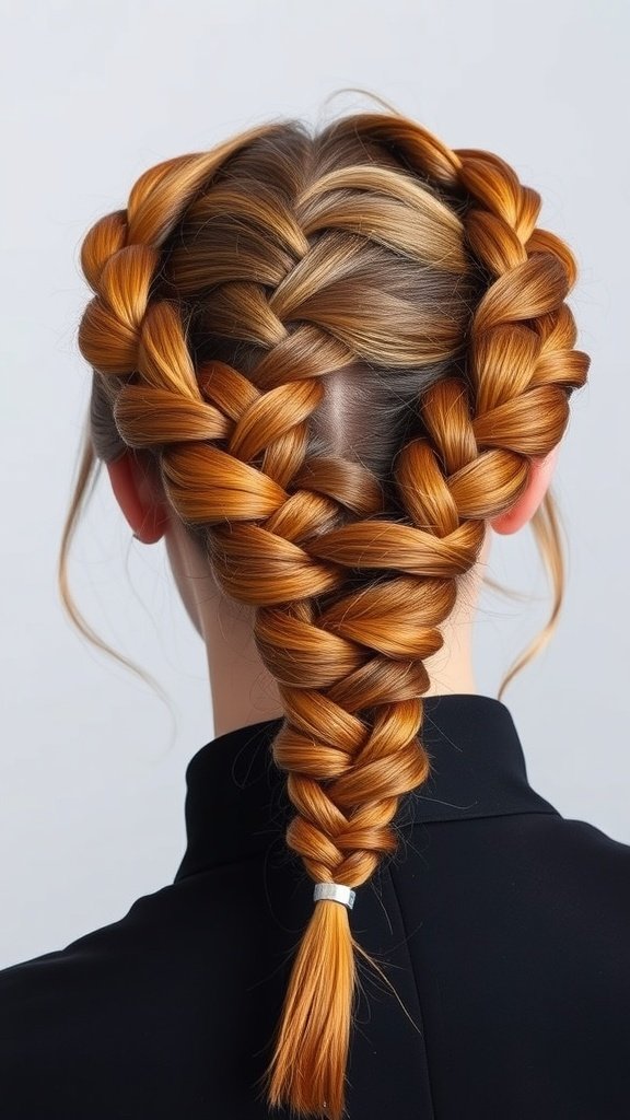 A stylish updo featuring ginger knotless braids arranged in a chic pattern.