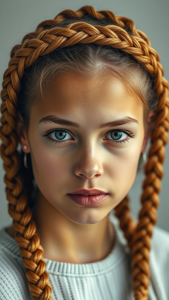 A young girl with ginger knotless braids and a crown braid hairstyle.