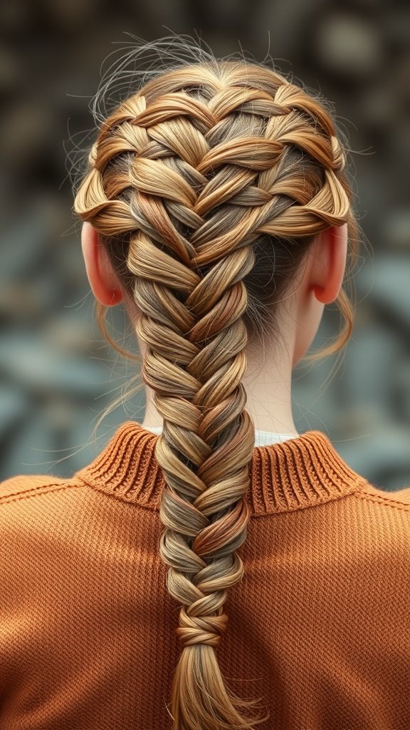 A close-up of a ginger fish tail braid hairstyle.