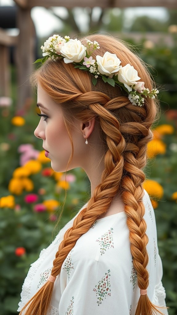 A woman with ginger knotless braids adorned with a floral crown, surrounded by colorful flowers.