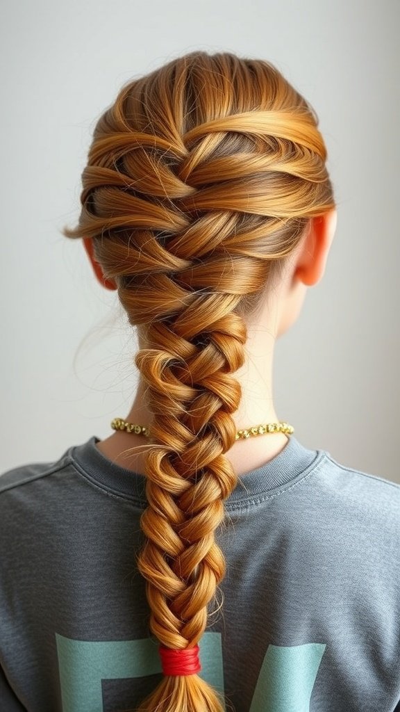 A close-up of a ginger French braid hairstyle, featuring a neat braid with a red hair tie at the end.