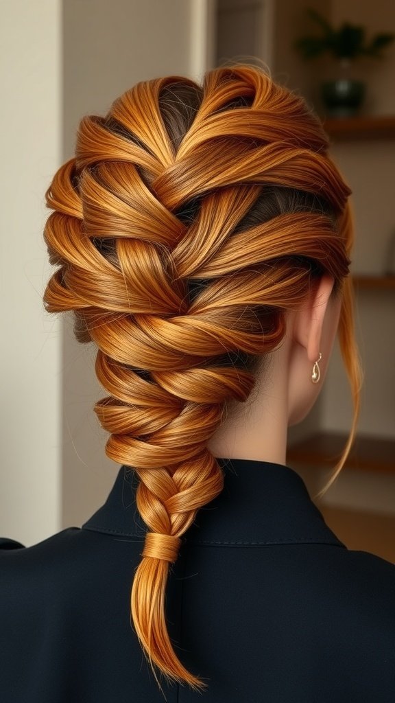 A close-up of a glamorous ginger braided updo, showcasing intricate braiding techniques.
