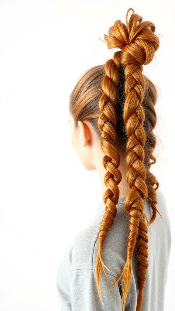 A woman with ginger knotless braids styled in a high ponytail.