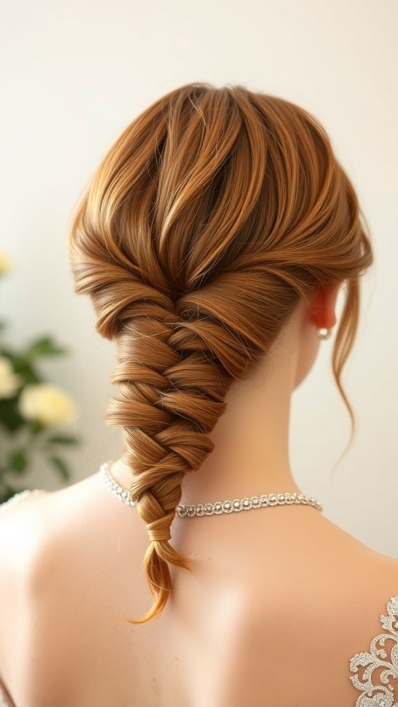 A close-up of a woman's back showing ginger braids styled into a low bun, adorned with a necklace.