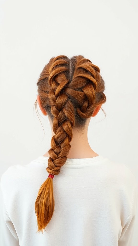 A woman with ginger knotless braids styled in a low ponytail.
