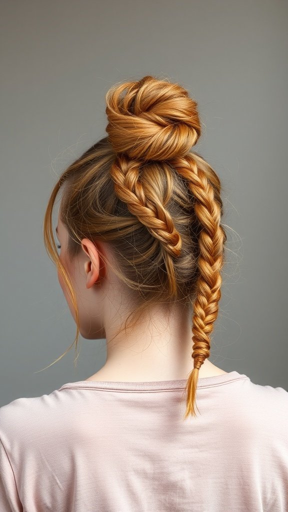 A woman with ginger knotless braids styled into a messy bun, showcasing a chic and playful hairstyle.