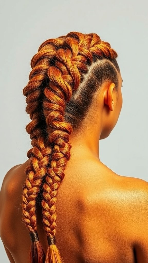 Two thick ginger knotless braids styled beautifully