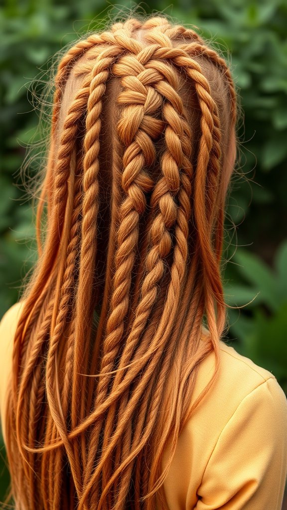 A close-up of ginger knotless braids styled with a natural flow.