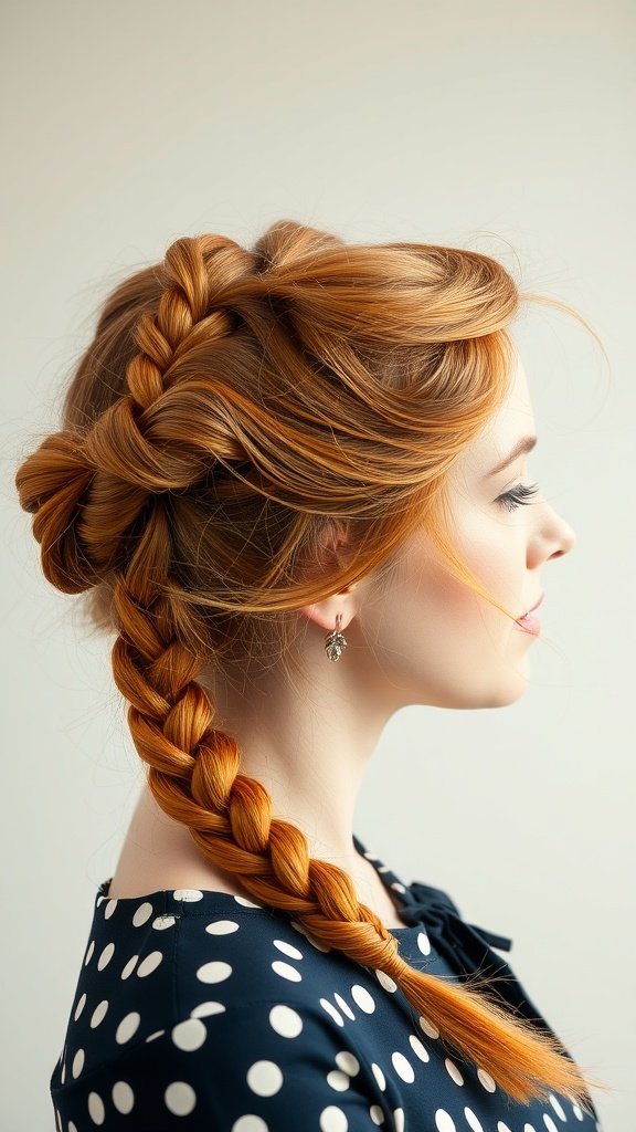 A woman with ginger hair styled in a neat braid, showcasing a pin-up hairstyle.