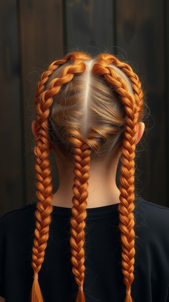 A back view of a girl with ginger knotless braids styled in a heart shape.