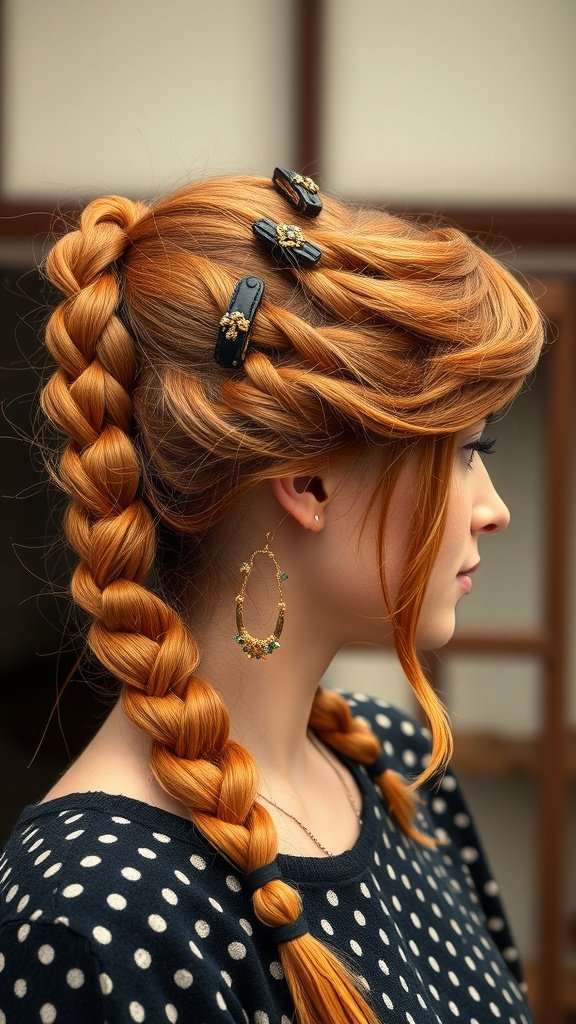 A woman with ginger knotless braids styled in a retro look, featuring hair clips and bold earrings.