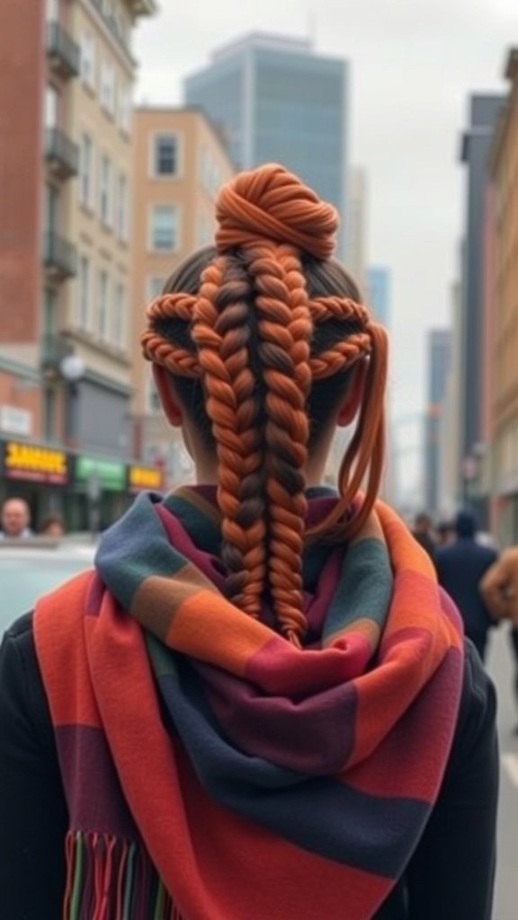 A person with ginger knotless braids styled with a colorful scarf, standing in a city street.