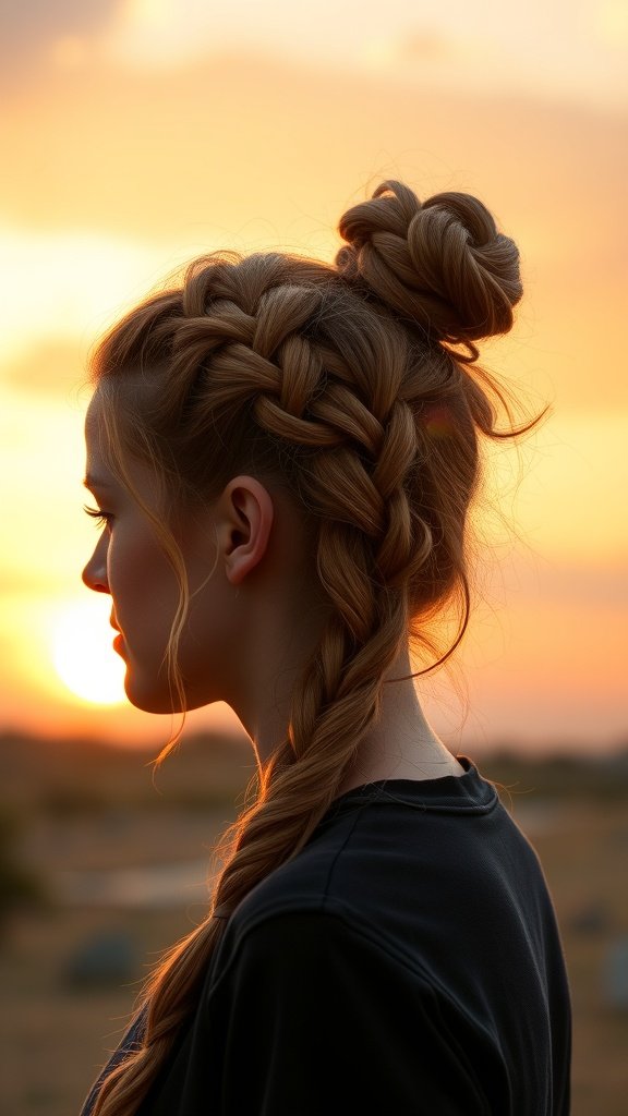 A woman with ginger knotless braids styled in a side bun, with a sunset backdrop.