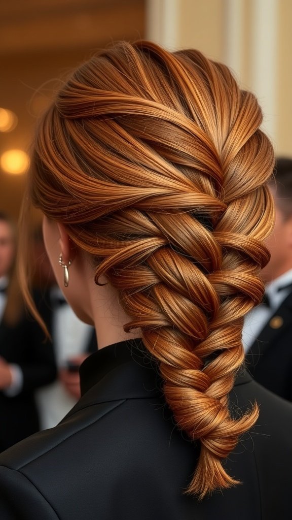 A stylish hairstyle featuring ginger knotless braids styled into a side chignon.