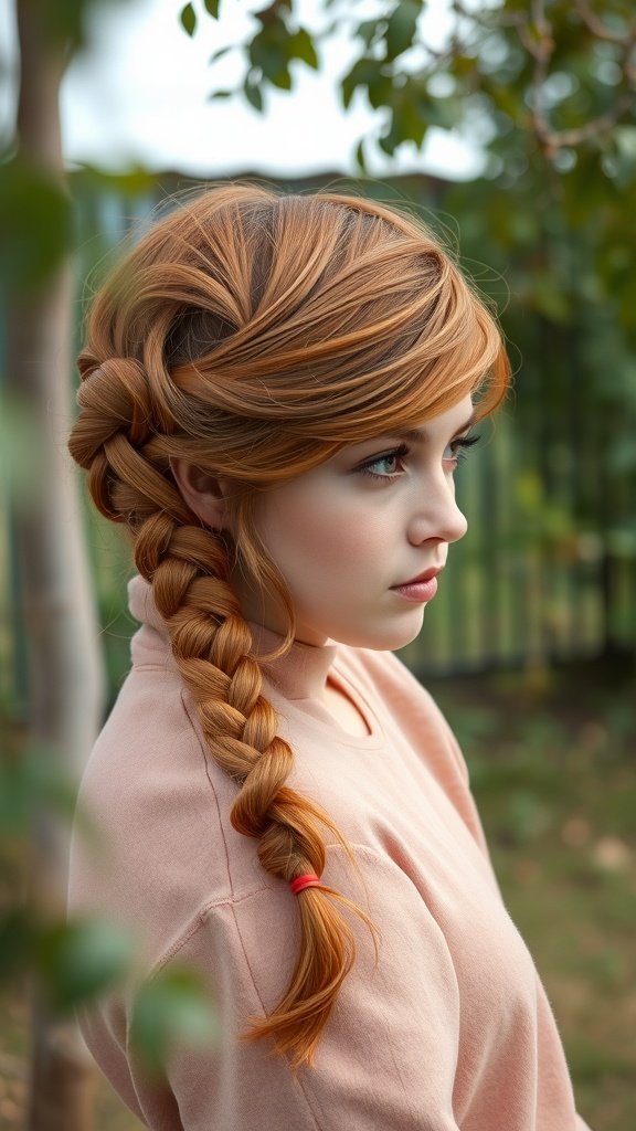 A young woman with ginger knotless braids styled in a side part, showcasing a beautiful outdoor setting.