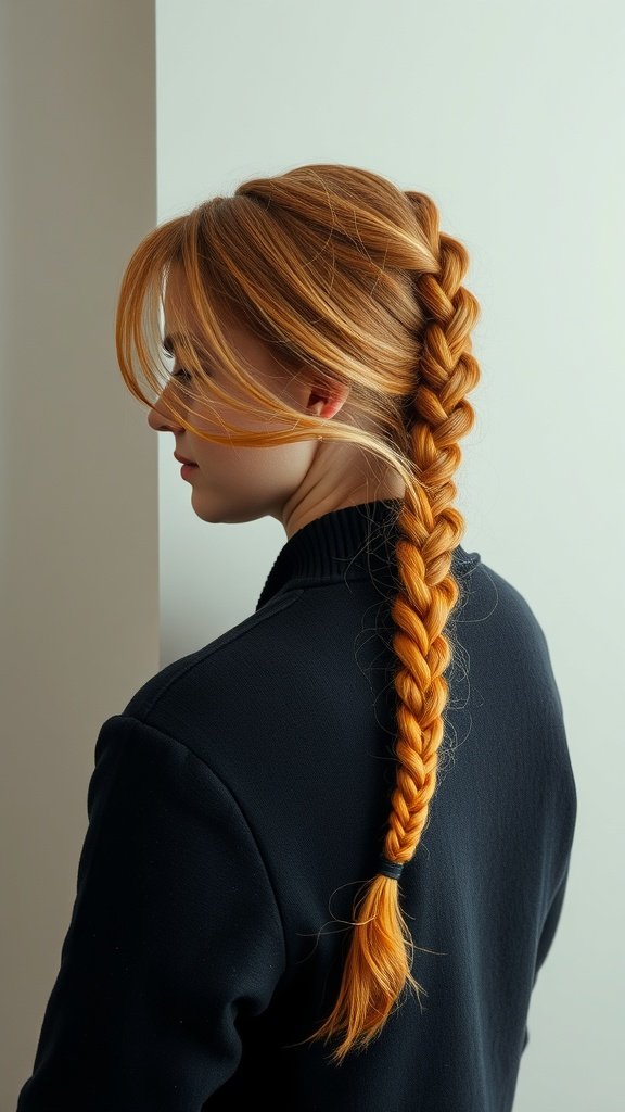 A woman with ginger knotless braids styled in a side sweep.