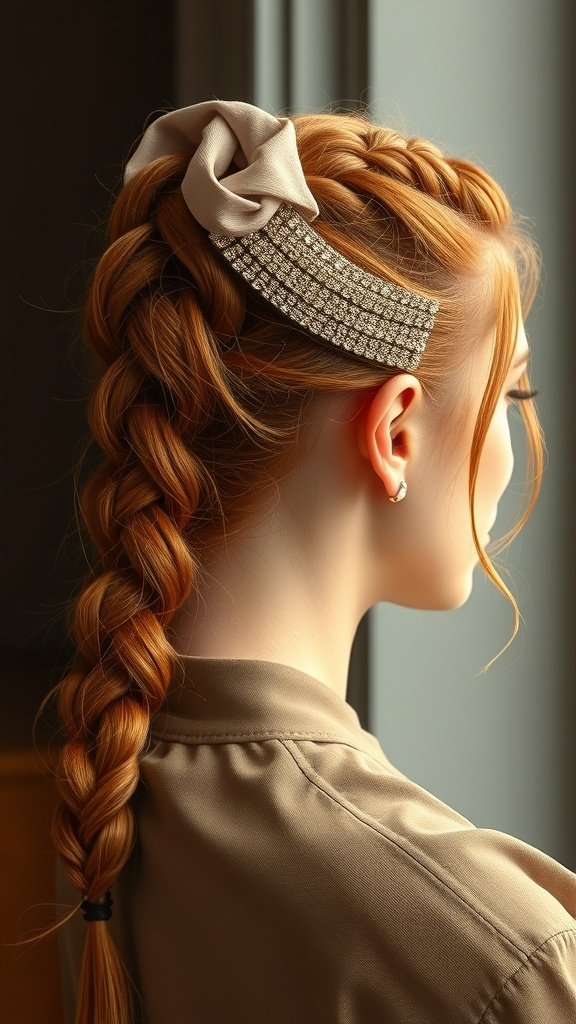 A close-up of a woman with ginger knotless braids styled with a statement hairpin.