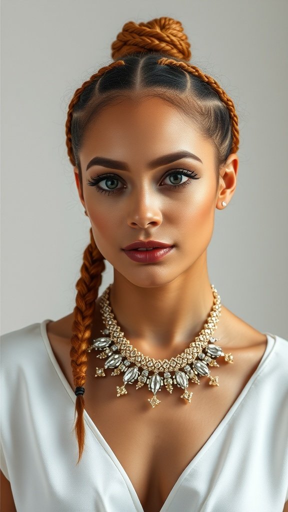 Model with ginger knotless braids and a statement necklace