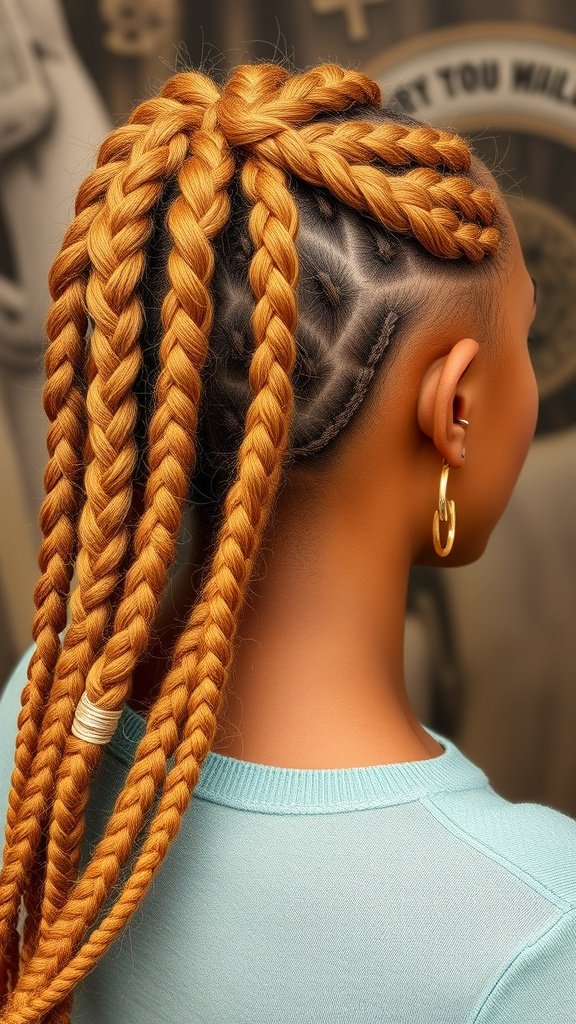 A close-up view of a person with ginger knotless braids styled in a unique way, showcasing the intricate braiding technique.