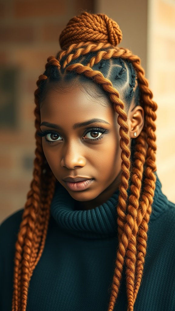 A close-up of a model with ginger knotless braids styled in a bun and twists.