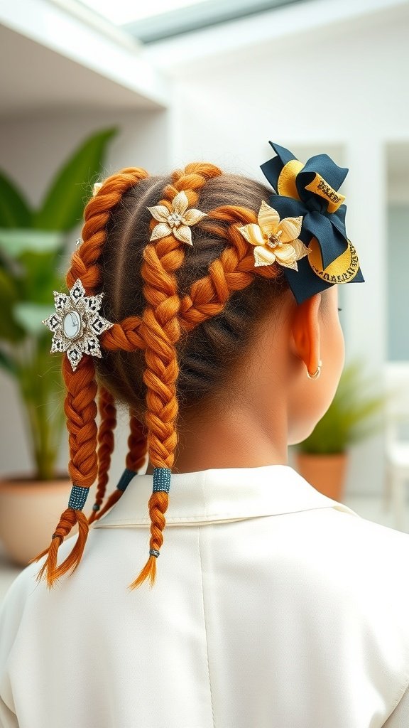 A girl with ginger knotless braids adorned with floral and bow accessories.