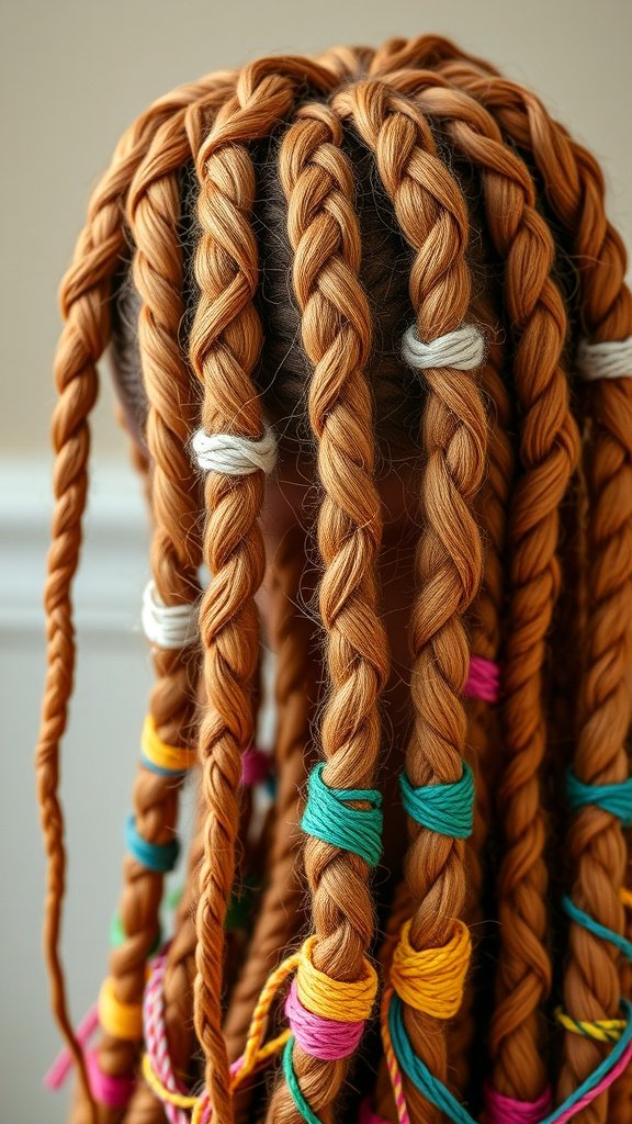Close-up of ginger knotless braids with colorful wraps