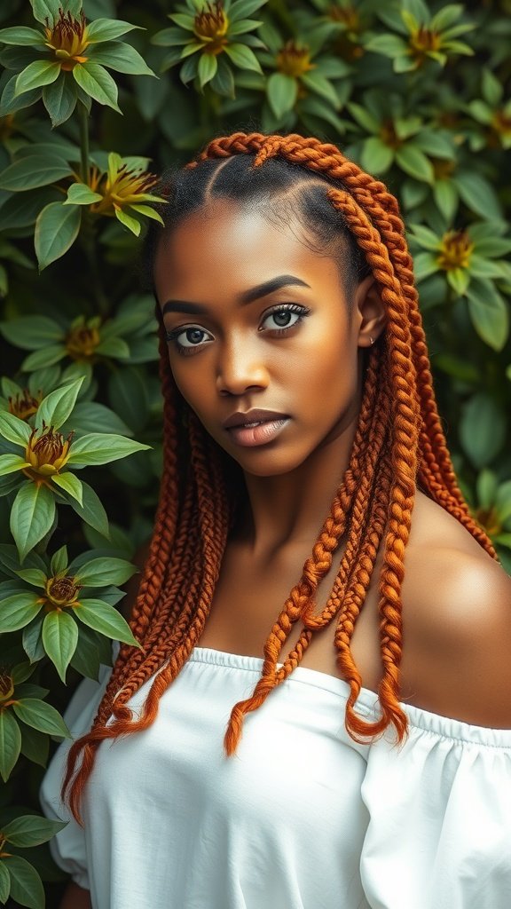 A person with ginger knotless braids featuring curly ends, standing in front of lush green foliage.