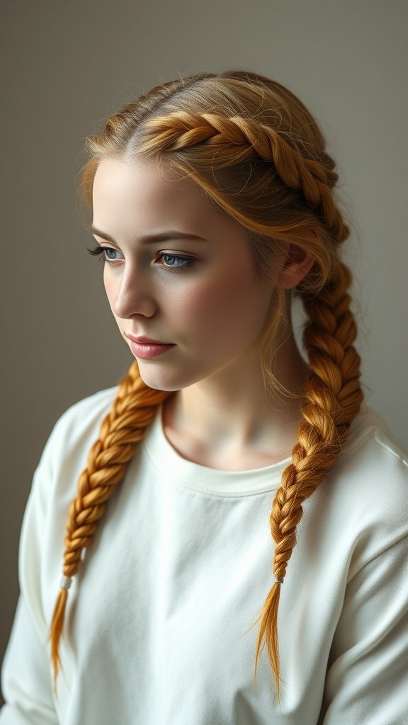 A close-up of a person with ginger knotless braids, showcasing highlights.