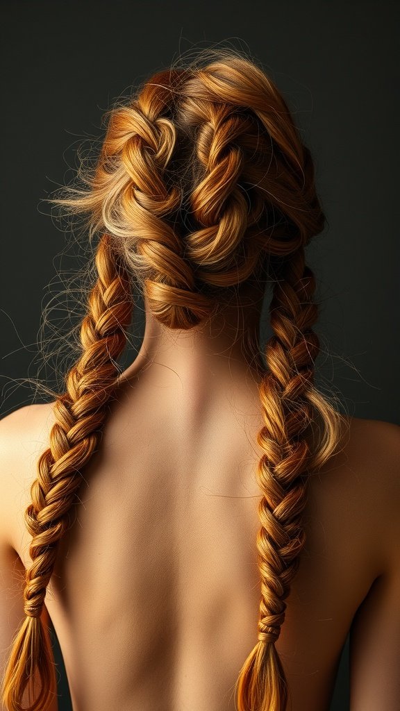 A close-up of two ginger braids styled with loose waves, showcasing a beautiful hairstyle.
