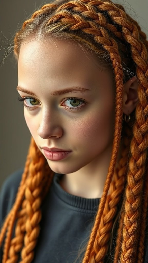 A close-up of a person with ginger knotless braids featuring shiny highlights.