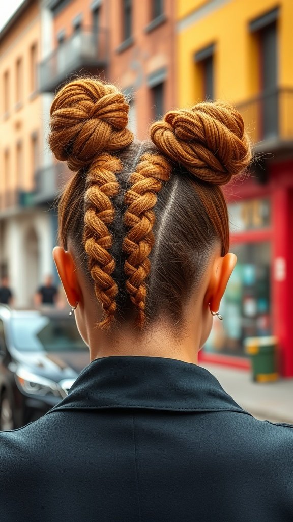 A woman with ginger knotless braids styled in two high buns, showcasing a trendy and chic hairstyle.
