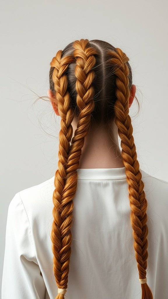 A person with long ginger knotless braids styled neatly down their back.
